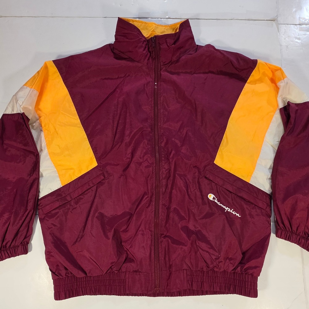 Champion Mens Windbreaker Jacket Large Burgundy Orange Colorblock Full Zip Vtg